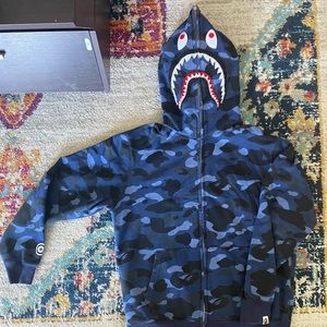 BAPE Blue Camo Full Zip Shark Hoodie Size Large